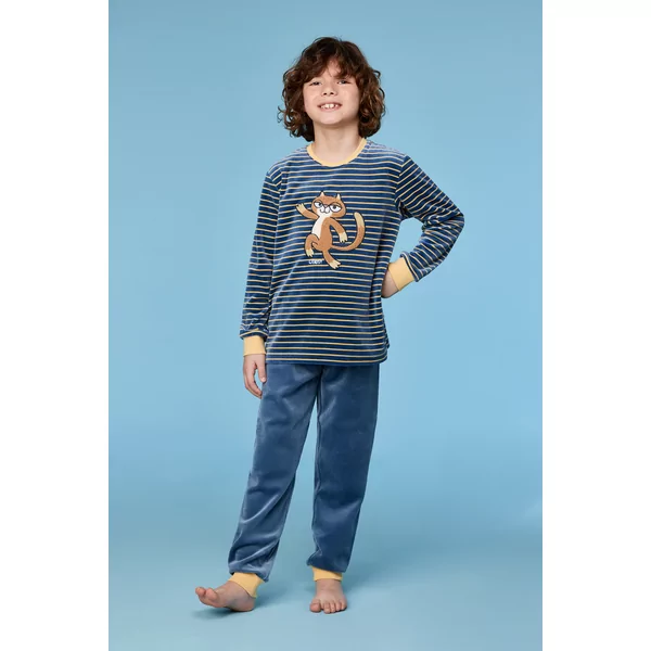 Woody Kat Jongens Pyjama - antraciet-gele streep
