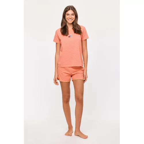 Woody Lieveheersbeestje Dames Pyjama - koraal-oranje streep