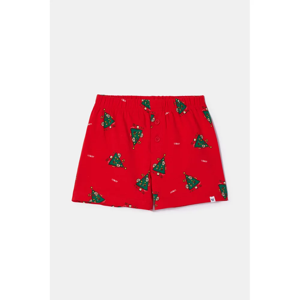 Woody Kerst Kat Jongens Boxer - rode kerstbomen print
