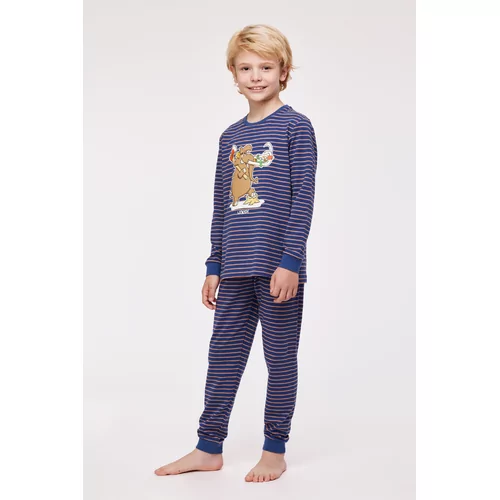 Woody Mammoet Unisex Pyjama - donkerblauw-bruin streep