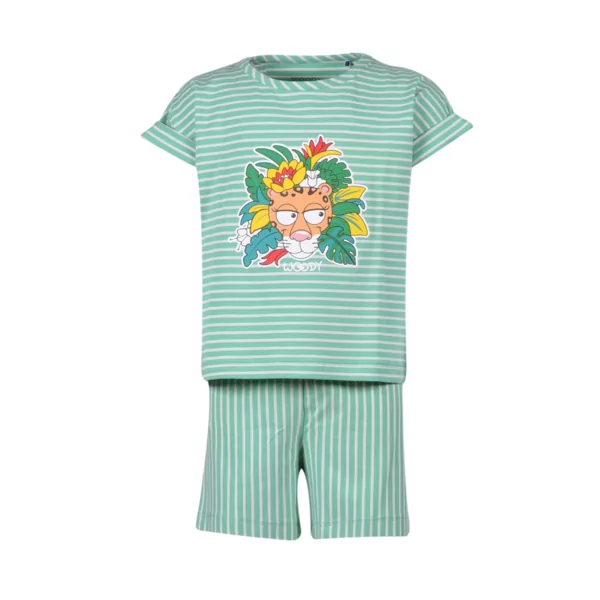 Woody Panter Meisjes Pyjama - jadegroen-wit gestreept