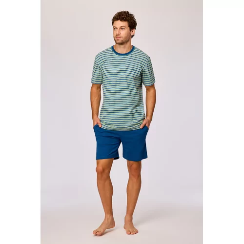 Woody Heren Pyjama - groen-blauwe streep